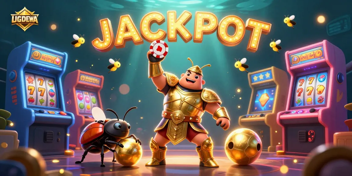 UGDEWA enhances slot gaming excitement with a 3D beetle character celebrating a big win.