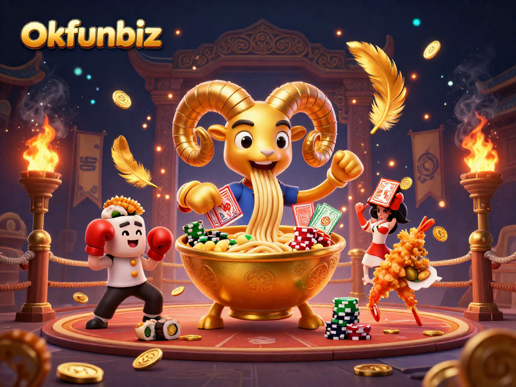 Engage in thrilling betting with okfunbiz, featuring a dynamic casino scene with unique characters.