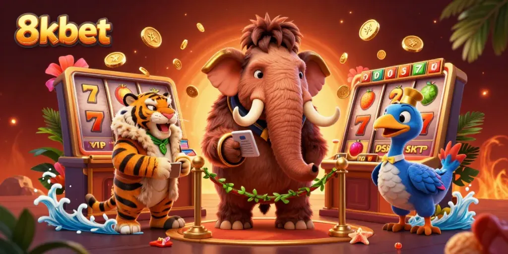 Engage with 8xbet's exciting slot games as a woolly mammoth bouncer welcomes VIPs to the casino.