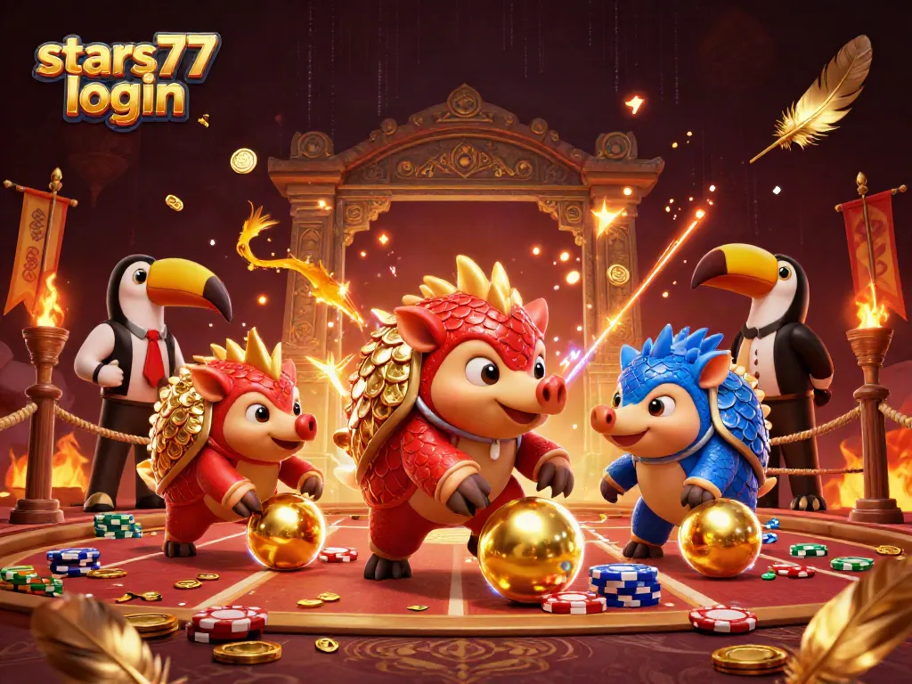 Masuk ke permainan menggunakan stars77 login sambil melihat pangolins menggelinding emas di tengah poker chip.