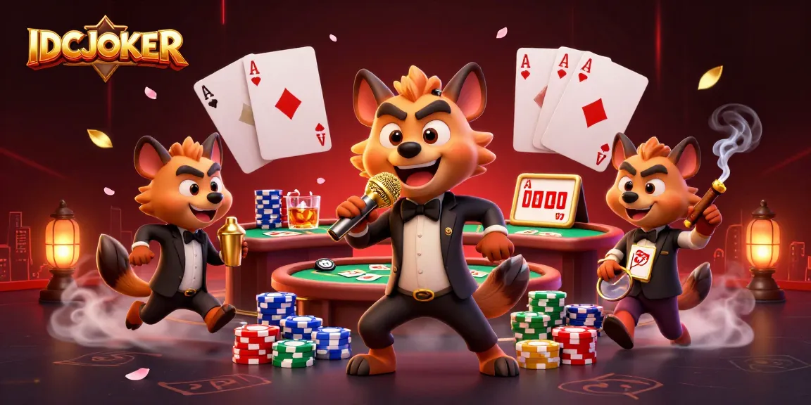 IDCJOKER Casino scene featuring playful hyenas, stand-up comedy, and lively gaming atmosphere.