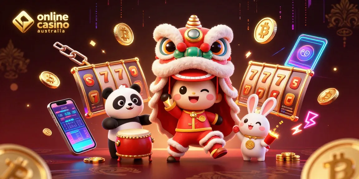 Engage with online casino Australia through a vibrant 3D illustration showcasing festive characters and jackpot elements.