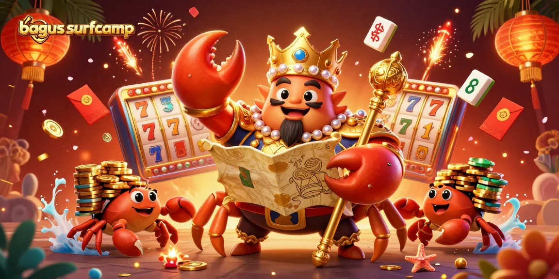 Engage in the thrilling world of bagus-surfcamp with an illusive 3D crab emperor orchestrating a vibrant slot party.