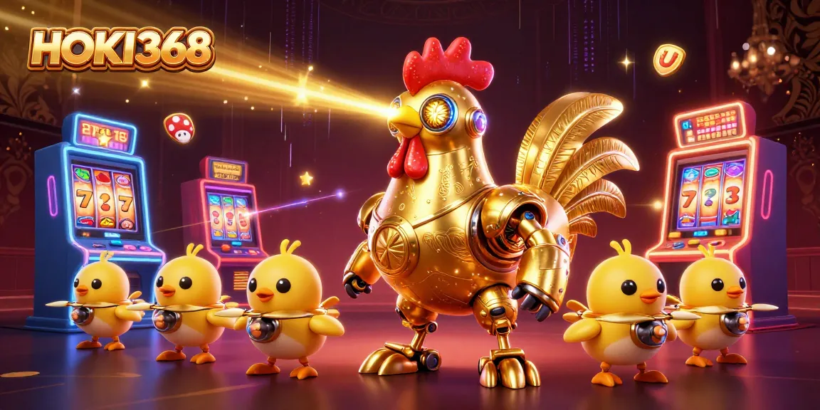 Engage in thrilling slot play with HOKI368's vibrant visual featuring arcade machines and a golden rooster.