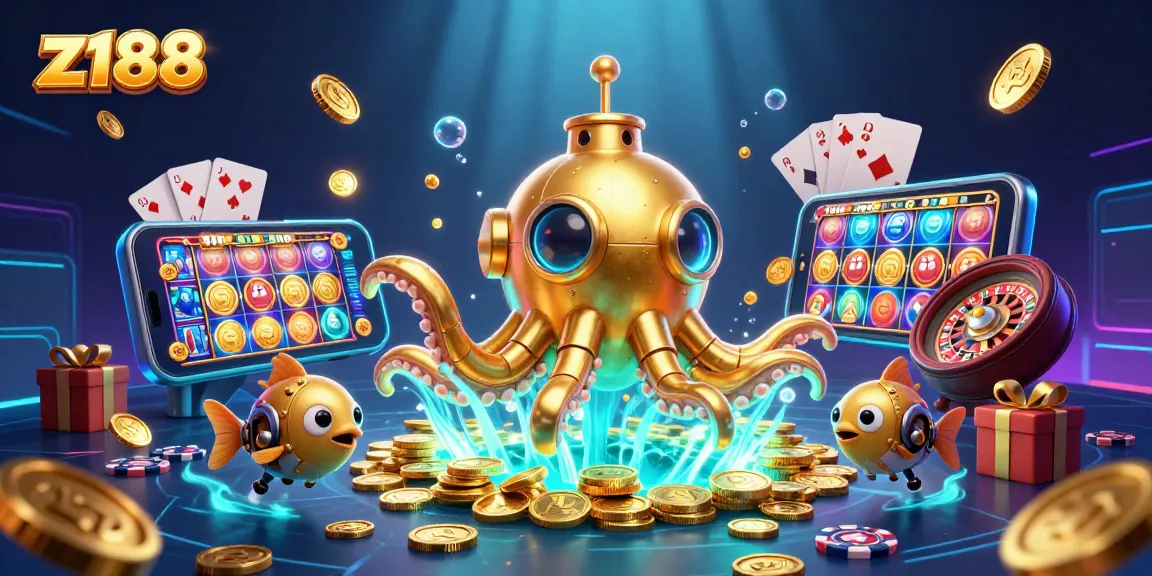Play the z188 online slots with a vibrant 3D illustration of a kraken submarine in action.