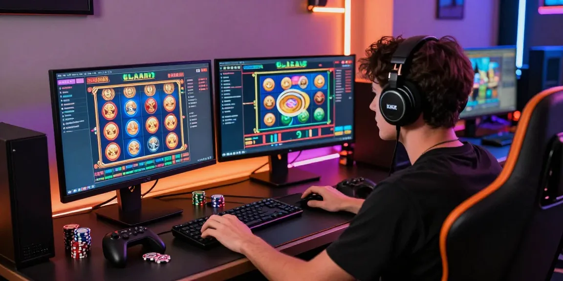Dynamic online gaming setup at https://79club.dev/ with vibrant slot game graphics, engaging player, and modern accessories.