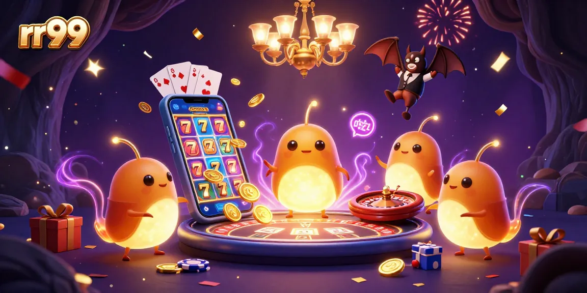 rr99 thrills unfold in a vibrant casino with glowworms, slot games, and prizes lighting up the scene.