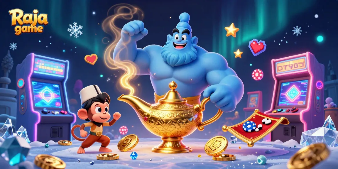 Experience thrilling Raja game action with a genie, monkey, and gaming elements in a magical casino setting.