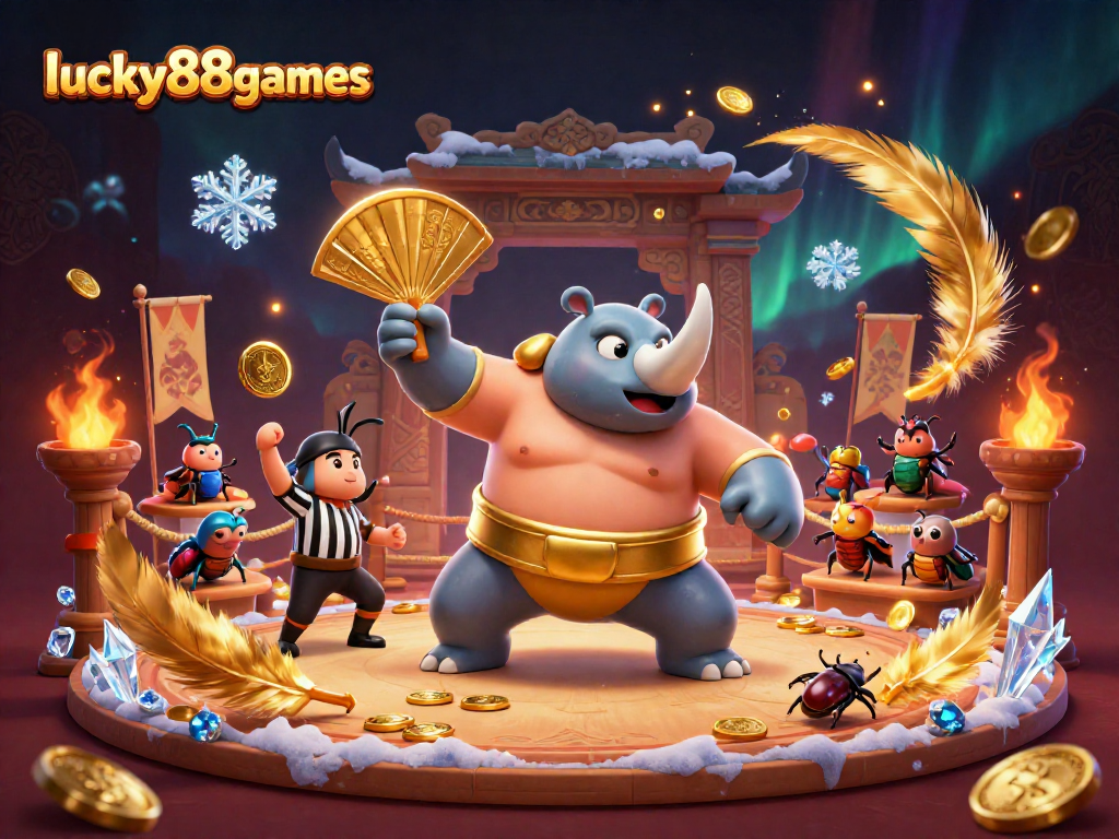 Experience the excitement at lucky88games as a sumo beetle champion sends coins flying in an animated arena.