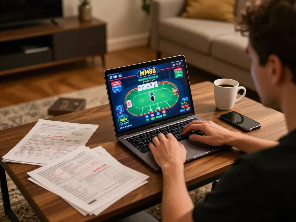 MM88 player strategizing during an online poker session with notes, laptop, and coffee, showcasing responsible gaming.