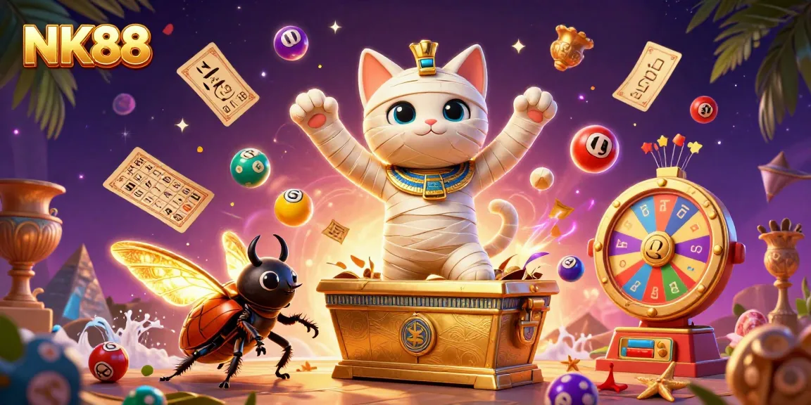 Experience the thrilling excitement of NK88 as an Egyptian mummy cat bursts from a gold sarcophagus in a vibrant casino scene.