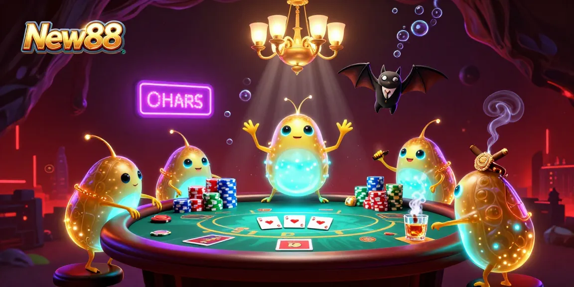 Enjoy thrilling poker action at New88's vibrant cave casino, illuminated by glowworms and a bat dealer.
