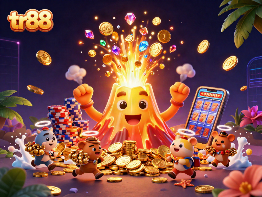 Win big at tr88 with vibrant casino gameplay featuring a golden volcano eruption and treasures!