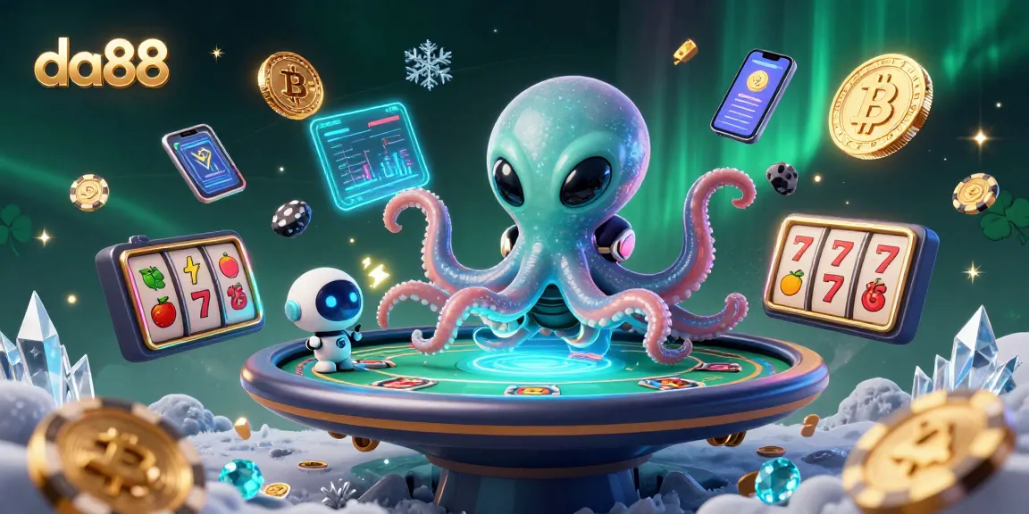 Experience da88 with a captivating 3D scene featuring an alien octopus at a holographic poker table amid cosmic cryptocurrency.