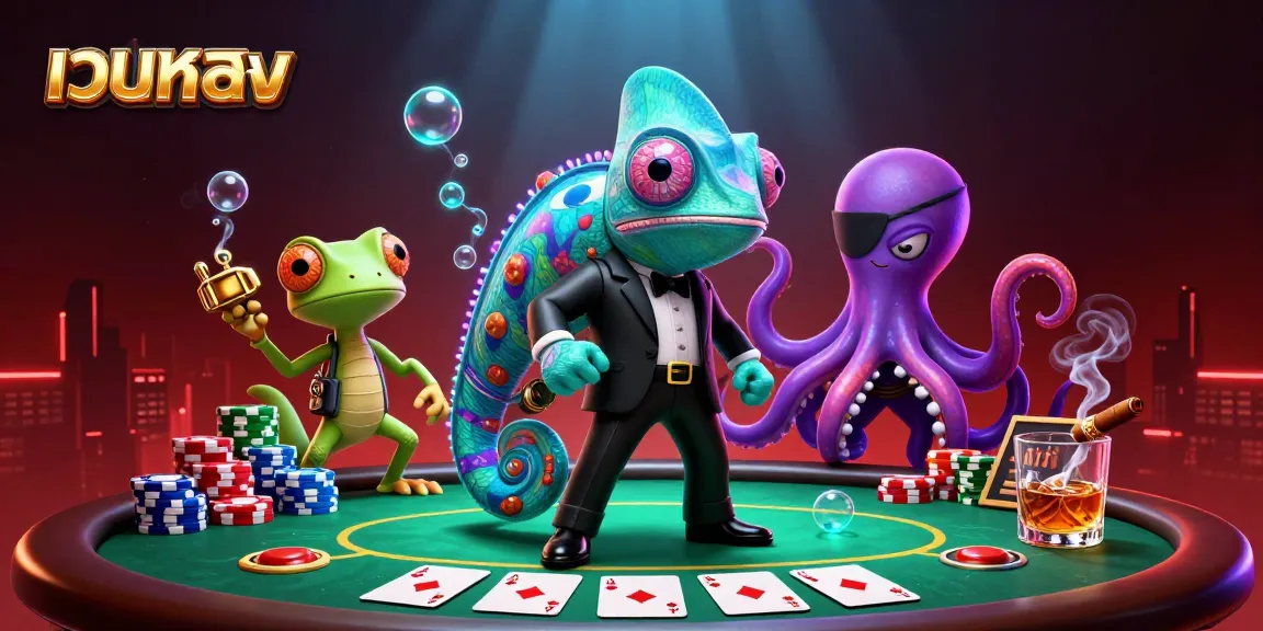 Experience เว็บตรง casino thrills with colorful chameleons and poker chips in this dynamic illustration.