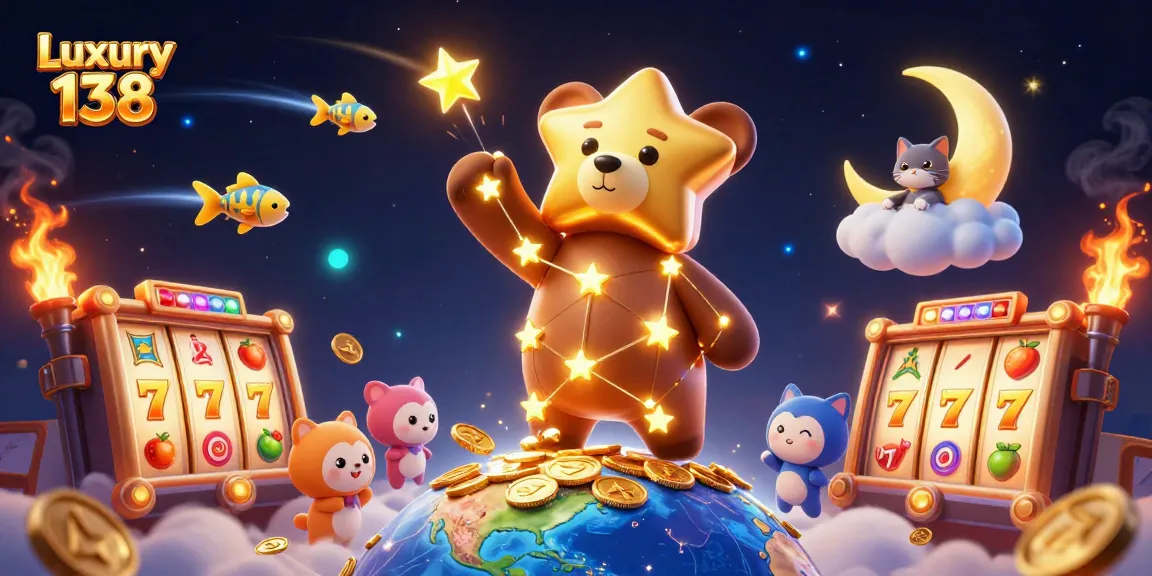 Experience Luxury 138 with vibrant slot symbols, golden stars, and joyful casino elements.
