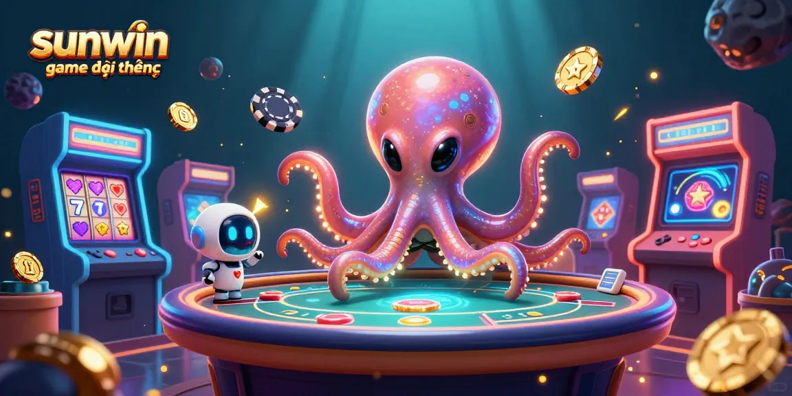 Engage in the sunwin game đổi thưởng with a vibrant alien octopus at a holographic poker table.