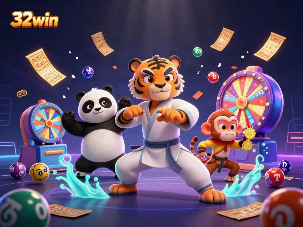 Experience thrilling gaming dynamics with 32win, featuring a kung fu tiger, panda, and a monkey amidst vibrant casino elements.
