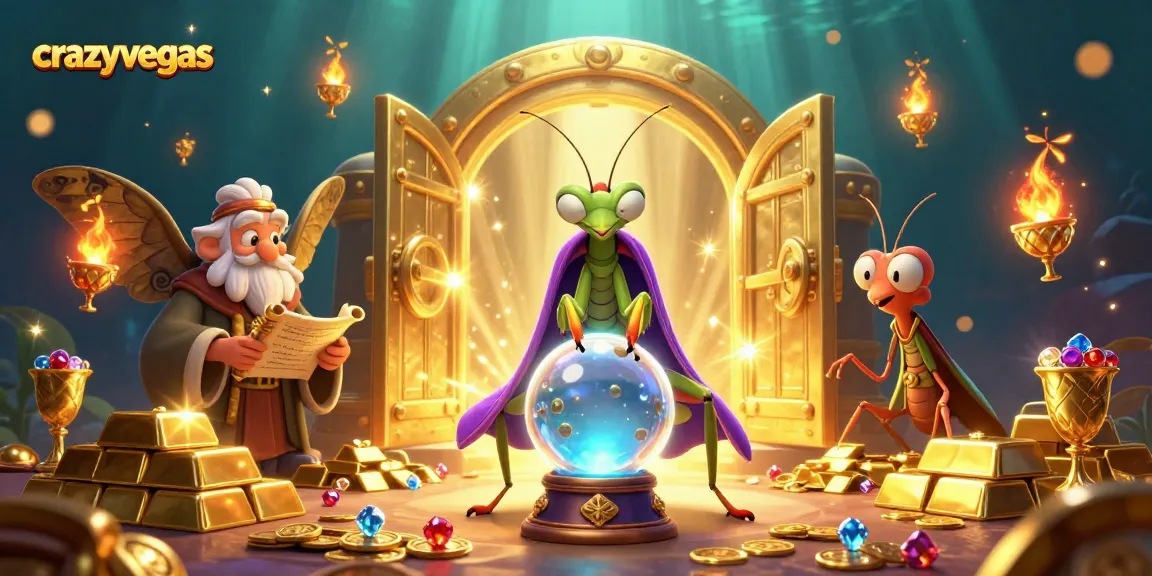 Experience the magic of crazyvegas with a vibrant 3D scene featuring cartoon fortune tellers and treasures.