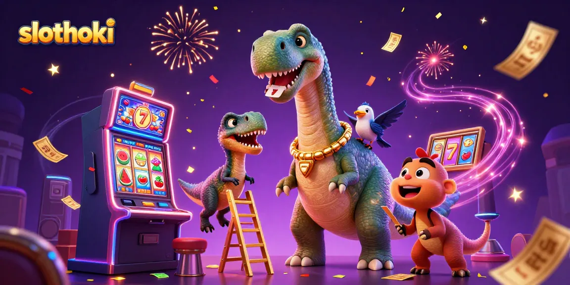 Menangkan jackpot slot dengan slothoki, brontosaurus dan raptor beraksi di kasino yang meriah.