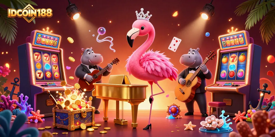 IDCOIN188 captures the excitement of casino gaming with vibrant characters and dynamic slot elements.