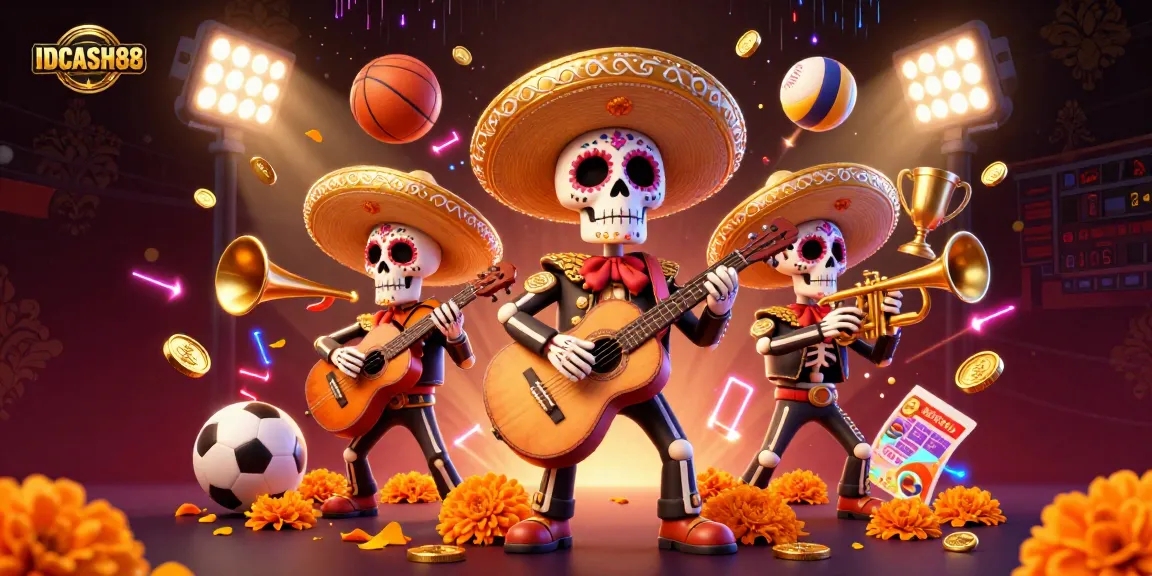 Experience IDCASH88 action in a vibrant mariachi scene filled with sports elements and casino excitement.