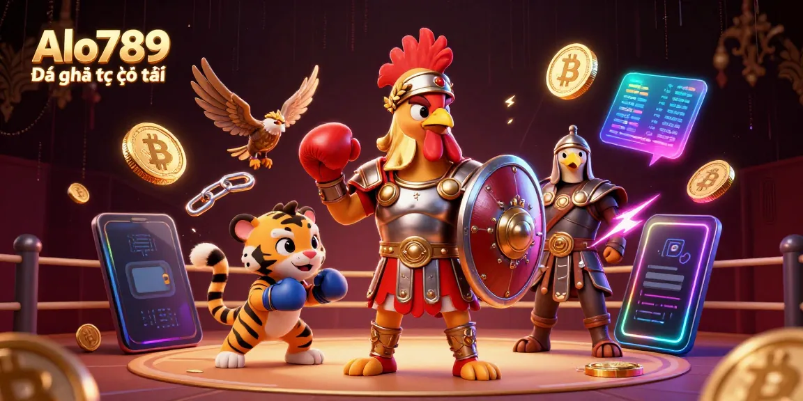 Alo789 Đá gà trực tiếp showcases a dynamic scene with a gladiator rooster in an arena, surrounded by crypto elements and vibrant effects.