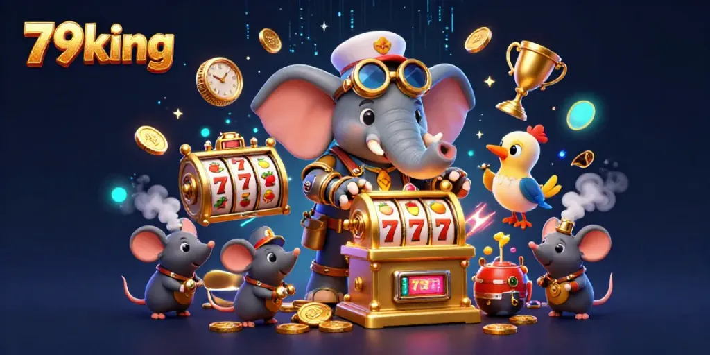 Experience the excitement of 79king with a vibrant 3D casino scene featuring a steampunk elephant operating a slot machine.