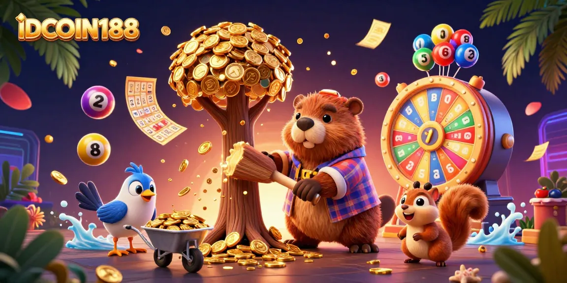 Experience the excitement with IDCOIN188 as characters collect golden coins amidst a vibrant casino scene.
