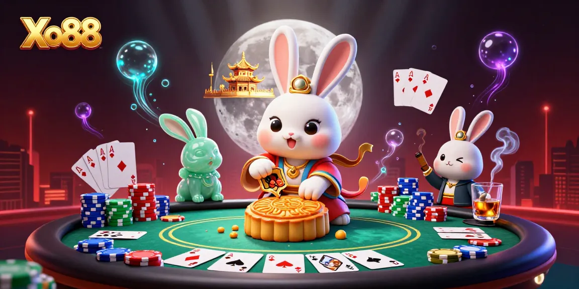 Xo88 casino scene with moon rabbit creating mooncakes, poker chips, and vibrant gaming elements.