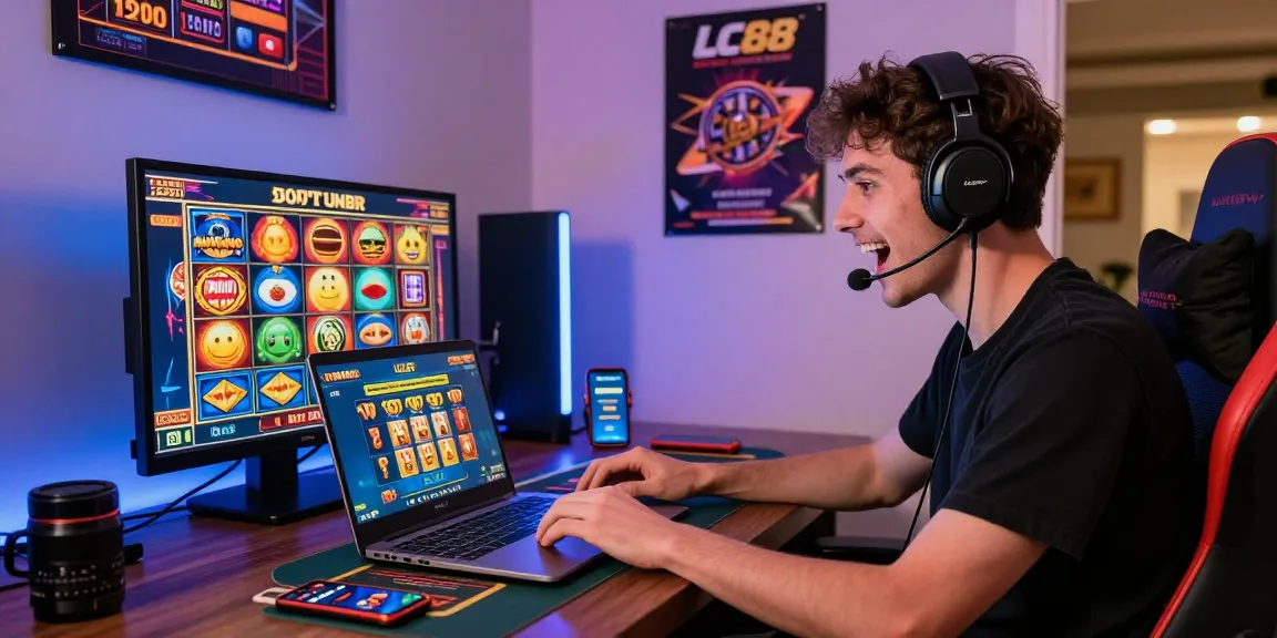 Excited player enjoying lc88 online casino games in a stylish setup.
