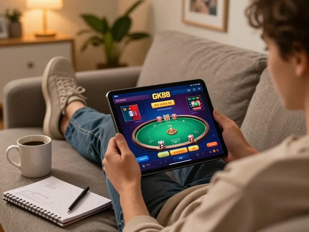 Engaging online experience at GK88 casino with a player using a tablet for poker