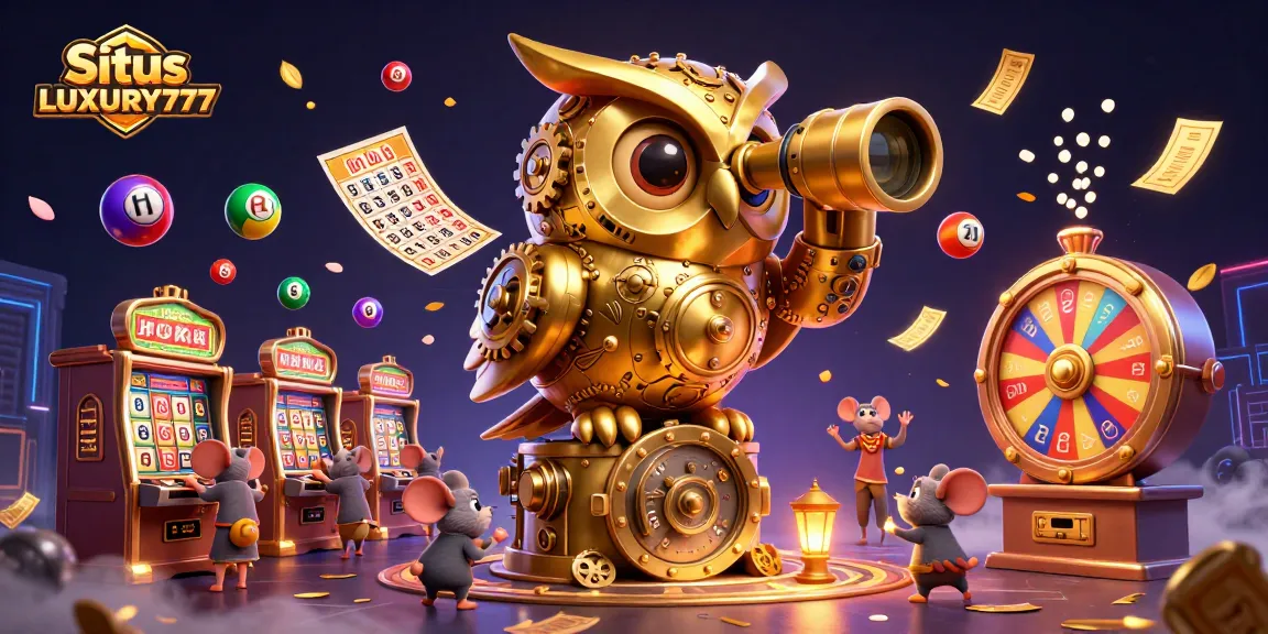 Menghadirkan Situs LUXURY777, ilustrasi kasino dengan harta karun dan mesin slot yang dinamis.