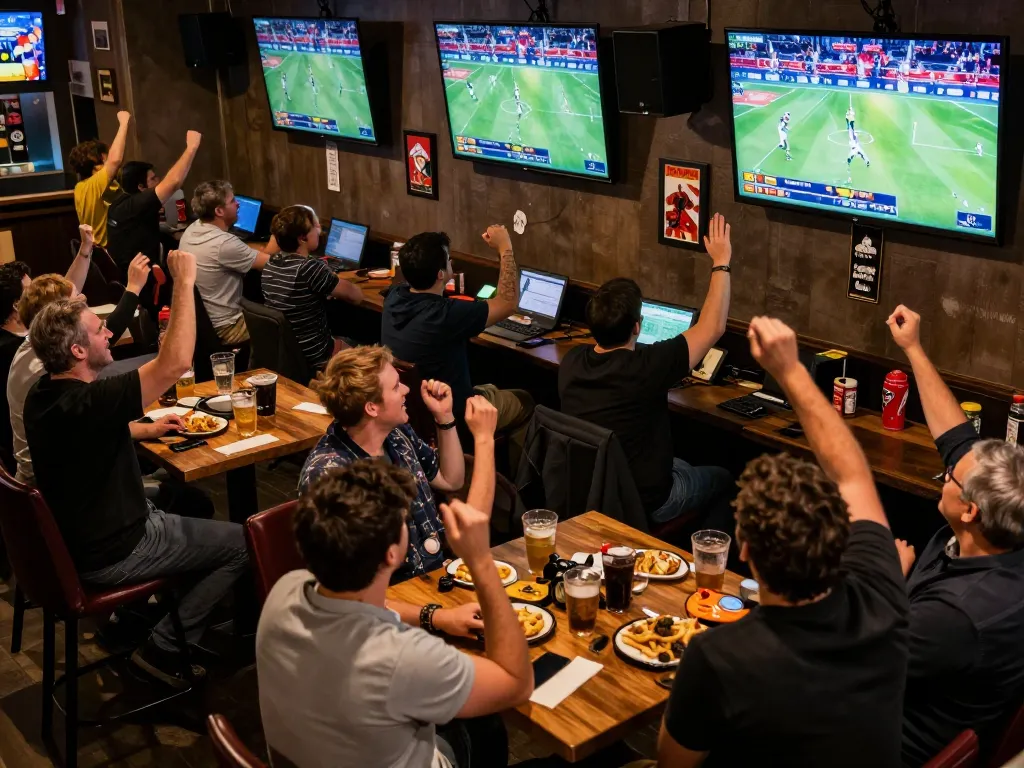 Kèo Nhà Cái Hôm Nay sports betting scene with patrons celebrating their winning wagers in a vibrant sports bar.