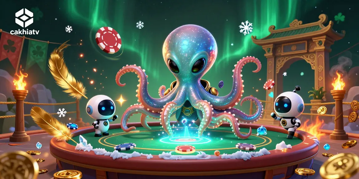 Cakhiatv showcases a lively cartoon scene with alien octopus at a poker table, enhancing the online gaming atmosphere.