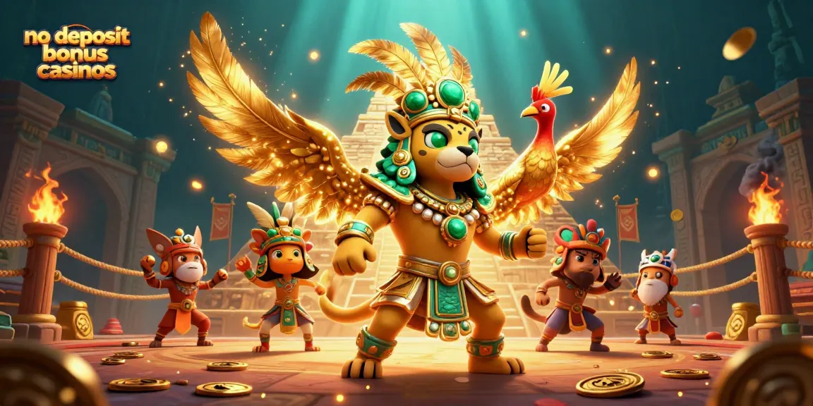 No deposit bonus casinos feature an energetic scene with Mayan characters and rich gaming elements.