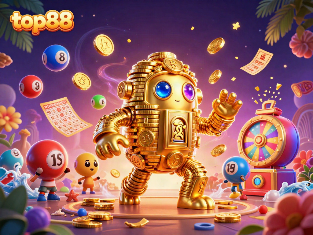 Experience top88 excitement with animated golden golems and vibrant game elements in this stunning illustration.