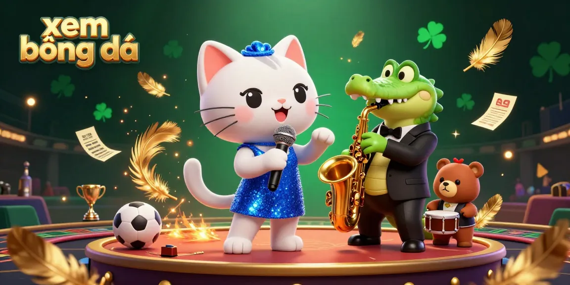 Xem bóng đá in action with a cartoon jazz-singer cat, crocodile, and bear in a vibrant sports betting scene.