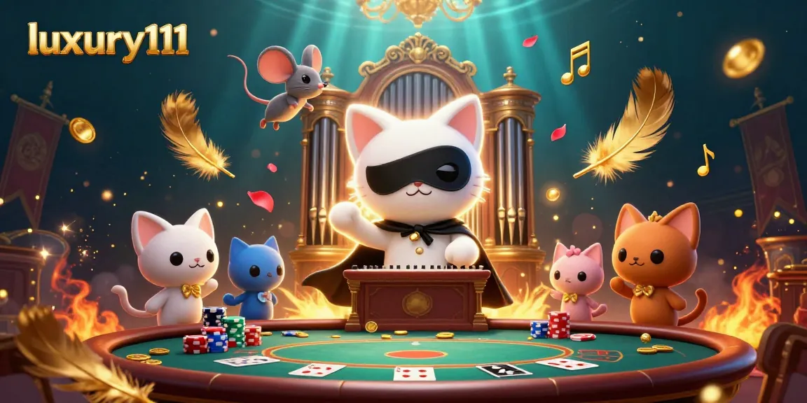 Engage in the luxury111 experience with a vibrant casino scene featuring a whimsical phantom cat and dynamic gambling elements.