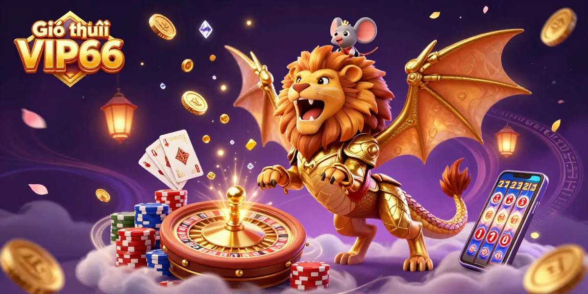 Engage with Giới thiệu VIP66 as a vibrant casino scene featuring a fantasy chimera and dynamic gaming elements.