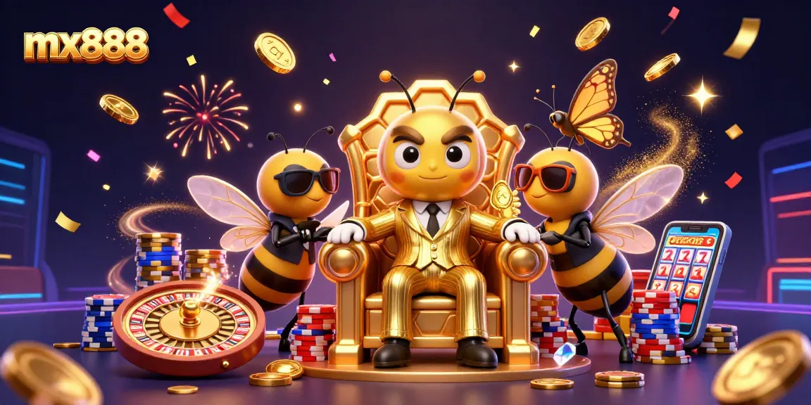 Join the fun at mx888 Casino with a vibrant 3D bumblebee mob boss scene showcasing live gambling action.