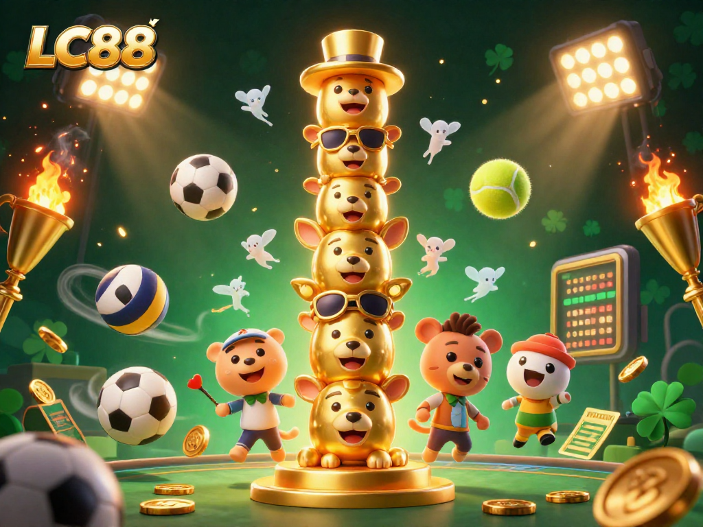 Experience the excitement of LC88 with a vibrant casino-themed 3D illustration showcasing diverse gaming elements.