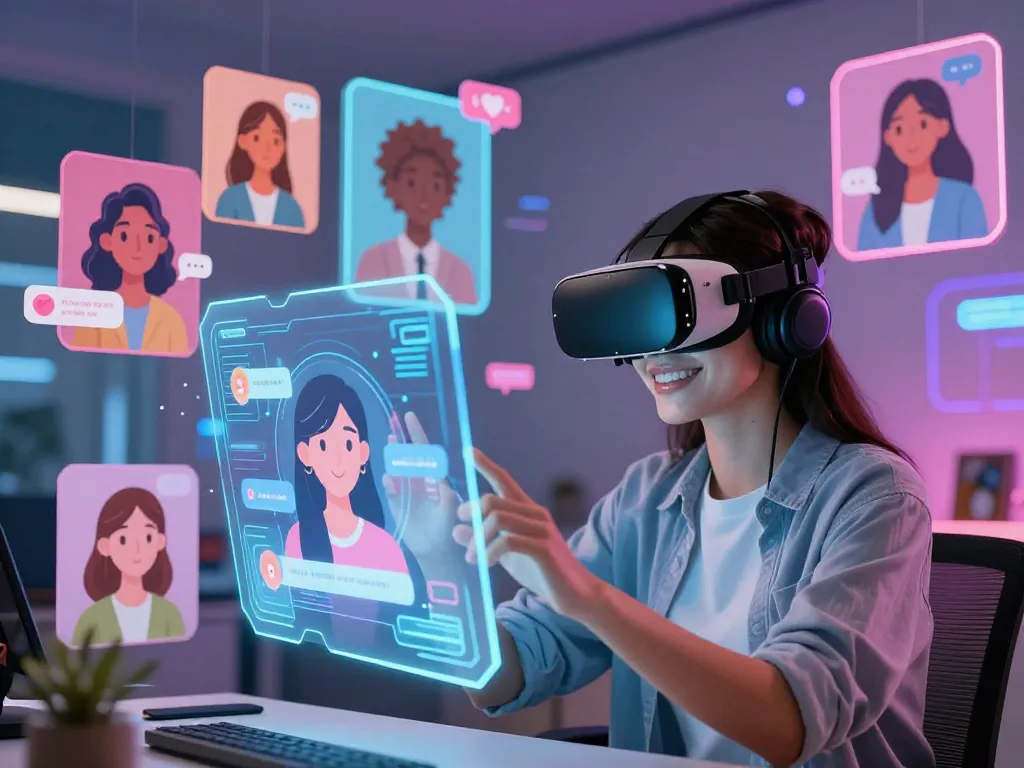 Engaging user experience with an AI gf chatbot in a vibrant virtual reality setting, showcasing technology and interaction.