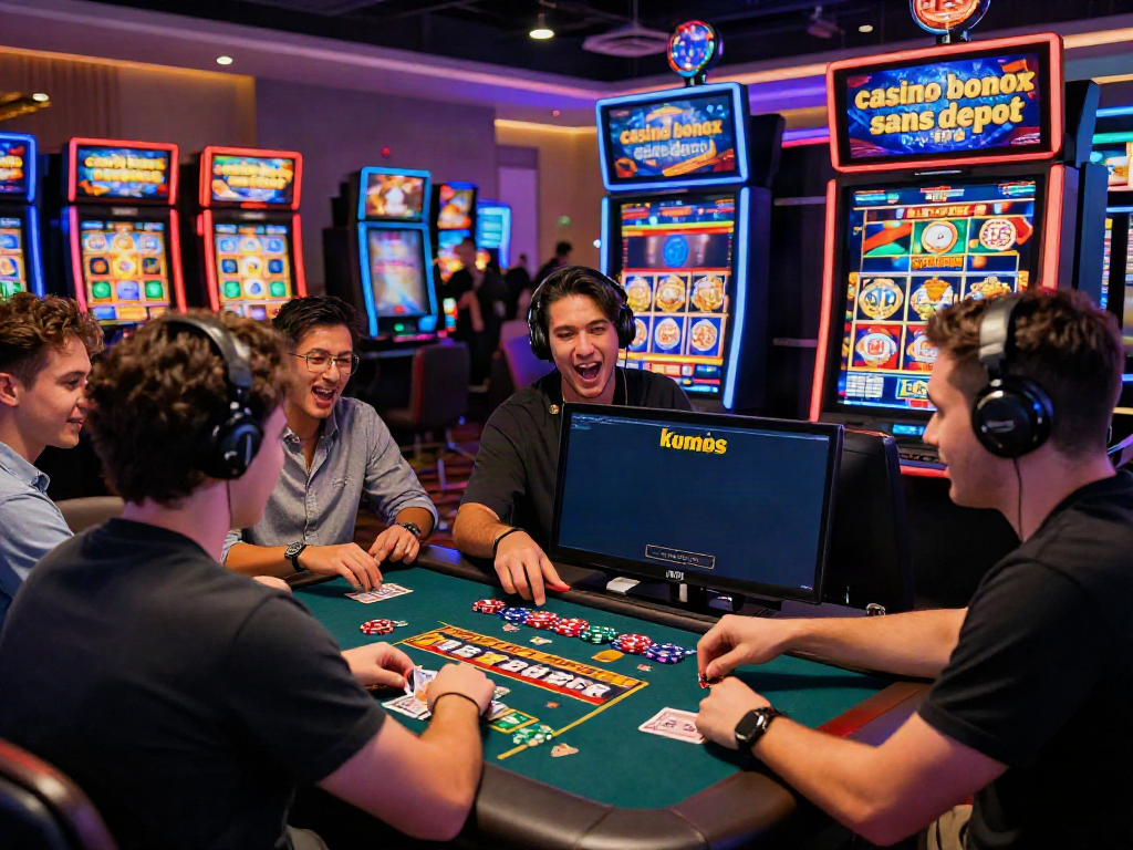Players enjoying a lively casino experience, highlighting "casino bonus sans depot" offers and vibrant gaming atmosphere.