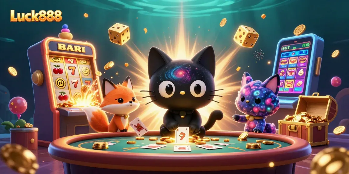Experience the excitement of Luck888 with a cosmic cat and colorful fox in a vibrant casino scene.