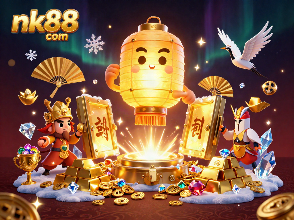 Experience thrilling gameplay at nk88 com with vibrant 3D casino-themed illustration showcasing golden treasures.