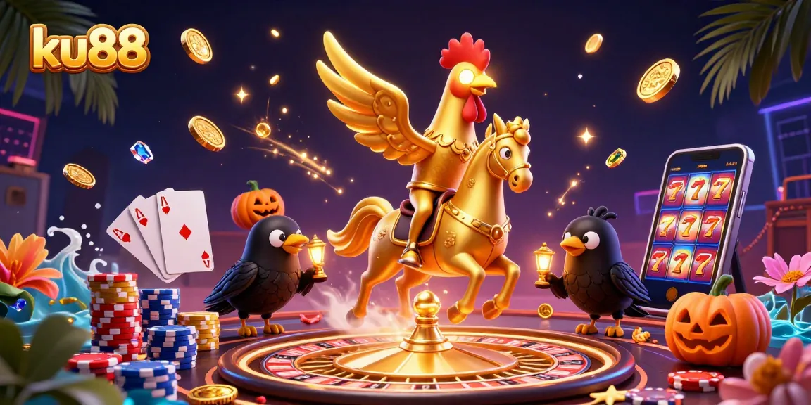 Experience the excitement of ku88 with golden rooster and casino elements in a vibrant digital illustration.