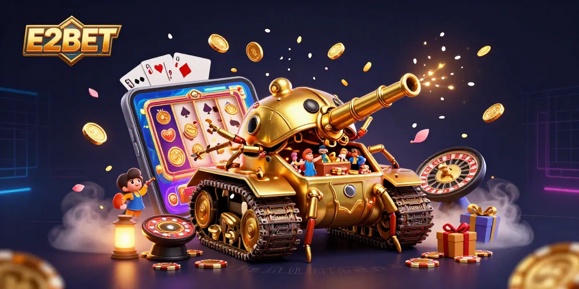 E2BET brings excitement with a golden beetle tank casino and vibrant slot game elements.