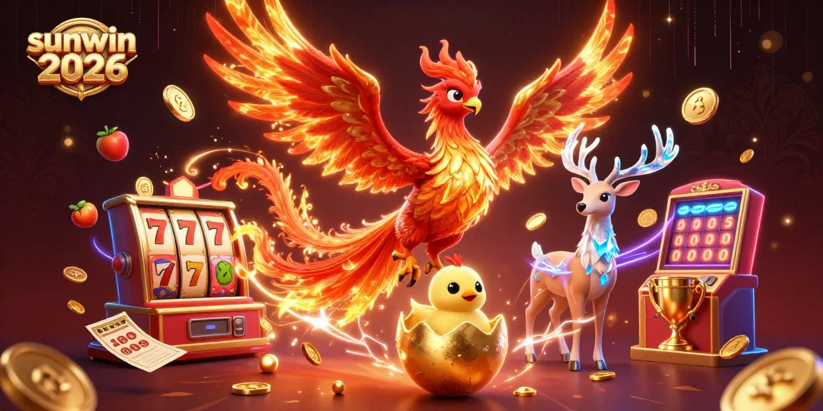 Immerse in sunwin 2026 with a dazzling phoenix scene highlighting dynamic slot elements and golden coins.