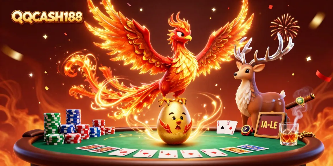Experience QQCASH188's thrilling poker scene with vibrant characters and dynamic gaming elements.